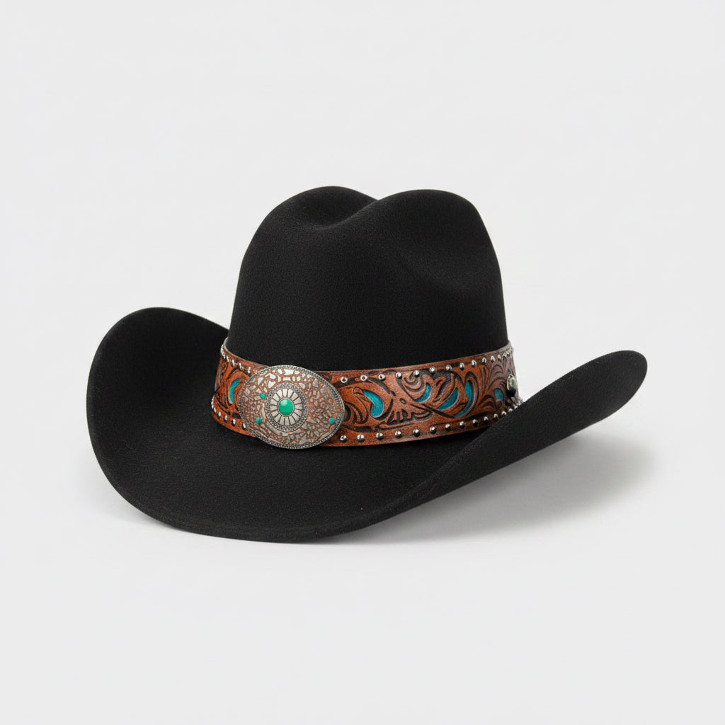 CHAPEAUX de cow-boy style western chic 902 et bohème avec bandeau brodé floral, médaillon central travaillé et finitions premium. l&