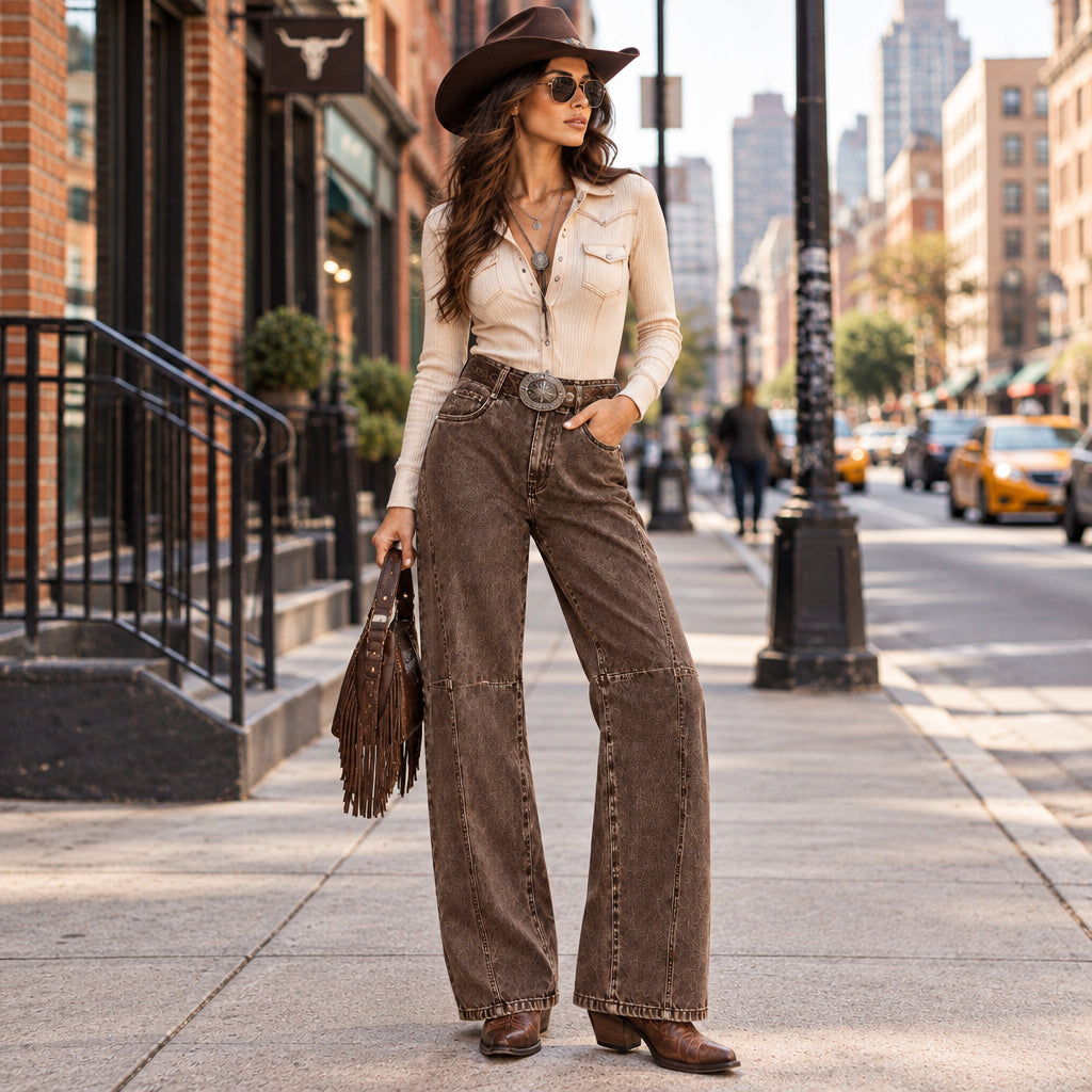 Jean barrel LM845 – jean balloon femme marron délavé à taille haute croisée asymétrique, double bouton et jambes larges arrondies, style streetwear chic tendance