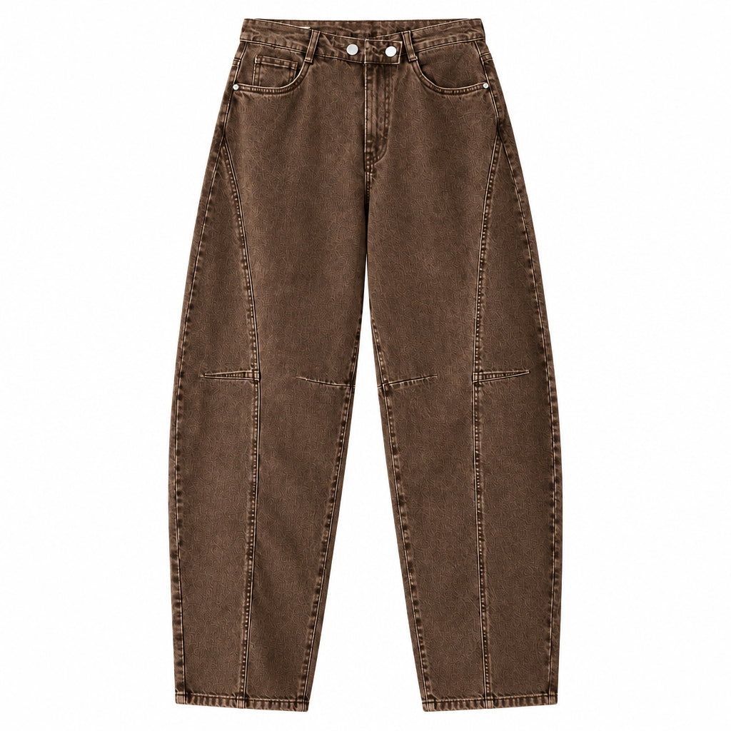 Jean barrel LM845 – jean balloon femme marron délavé à taille haute croisée asymétrique, double bouton et jambes larges arrondies, style streetwear chic tendance