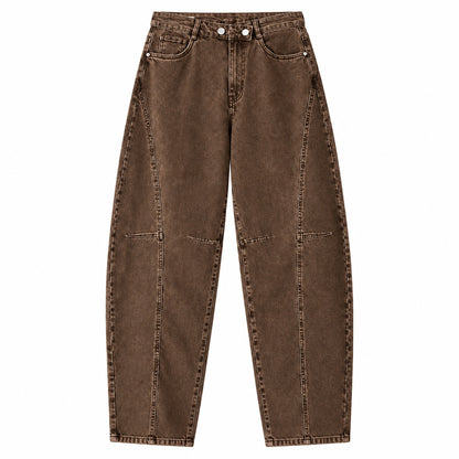 Jean barrel LM845 – jean balloon femme marron délavé à taille haute croisée asymétrique, double bouton et jambes larges arrondies, style streetwear chic tendance
