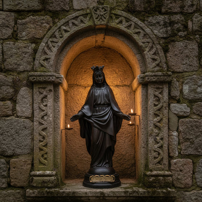 statuette religieuse de la vierge noire de 21 cm bénie par un prêtre de lourdes, passée sous la grotte des apparitions, objet spirituel chargé de dévotion mariale authentique en provenance directe de lourdes