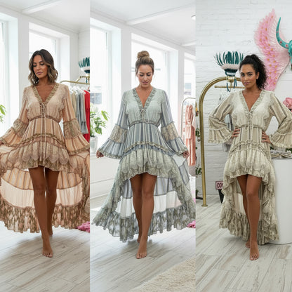 ROBE PAP66 BOHÈME : Taille Unique : Coupe asymétrique à volants et dentelle - style hippie chic aérien