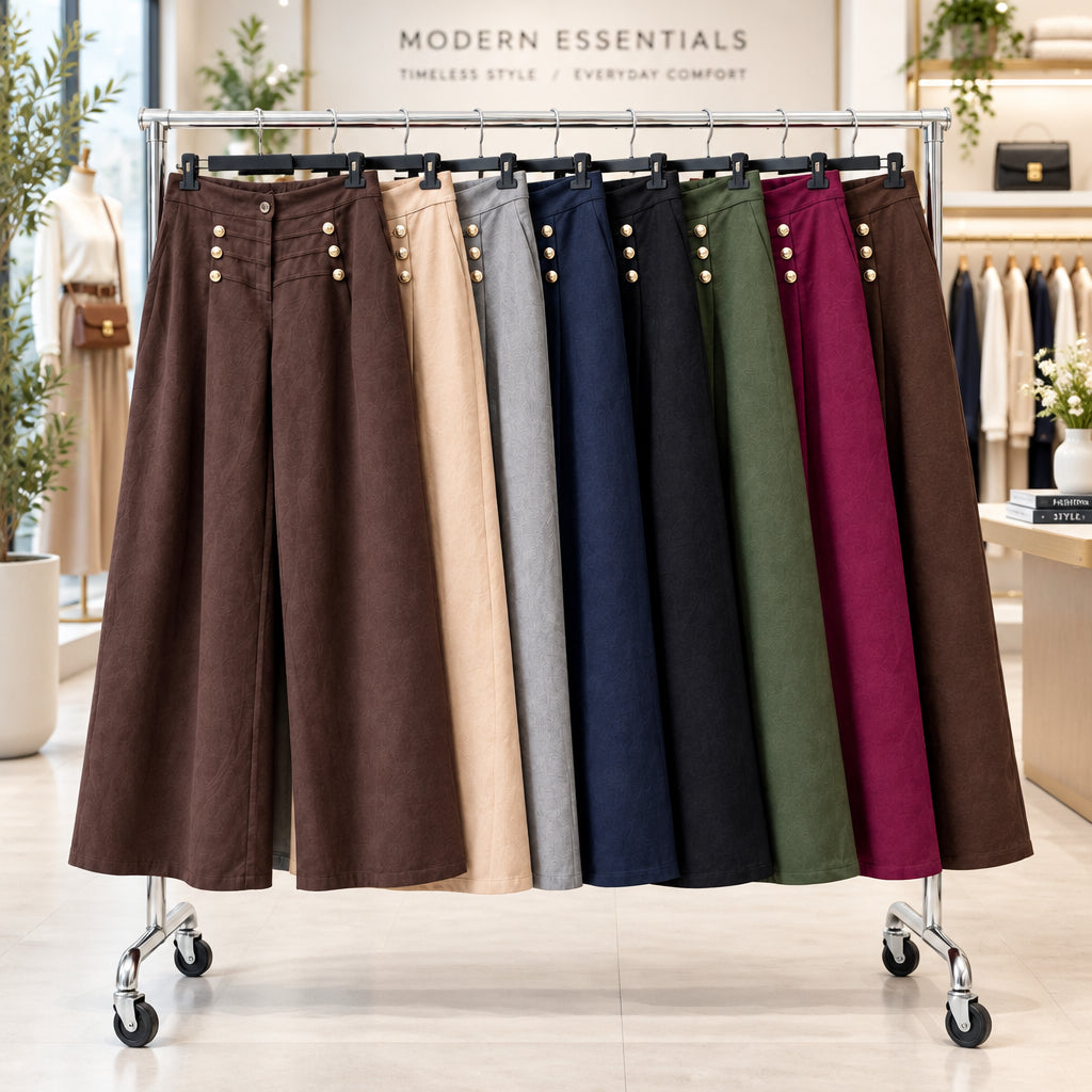Pantalon marin 49818 – pantalon large femme taille haute à coupe droite fluide et boutons dorés décoratifs sur le devant, style chic facile à porter au quotidien