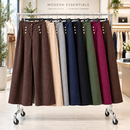 Pantalon marin 49818 – pantalon large femme taille haute à coupe droite fluide et boutons dorés décoratifs sur le devant, style chic facile à porter au quotidien
