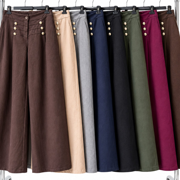 Pantalon marin 49818 – pantalon large femme taille haute à coupe droite fluide et boutons dorés décoratifs sur le devant, style chic facile à porter au quotidien