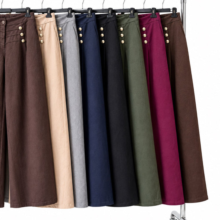 Pantalon marin 49818 – pantalon large femme taille haute à coupe droite fluide et boutons dorés décoratifs sur le devant, style chic facile à porter au quotidien