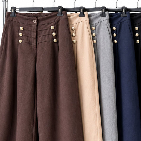 Pantalon marin 49818 – pantalon large femme taille haute à coupe droite fluide et boutons dorés décoratifs sur le devant, style chic facile à porter au quotidien