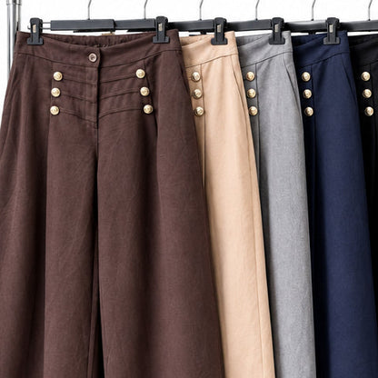 Pantalon marin 49818 – pantalon large femme taille haute à coupe droite fluide et boutons dorés décoratifs sur le devant, style chic facile à porter au quotidien