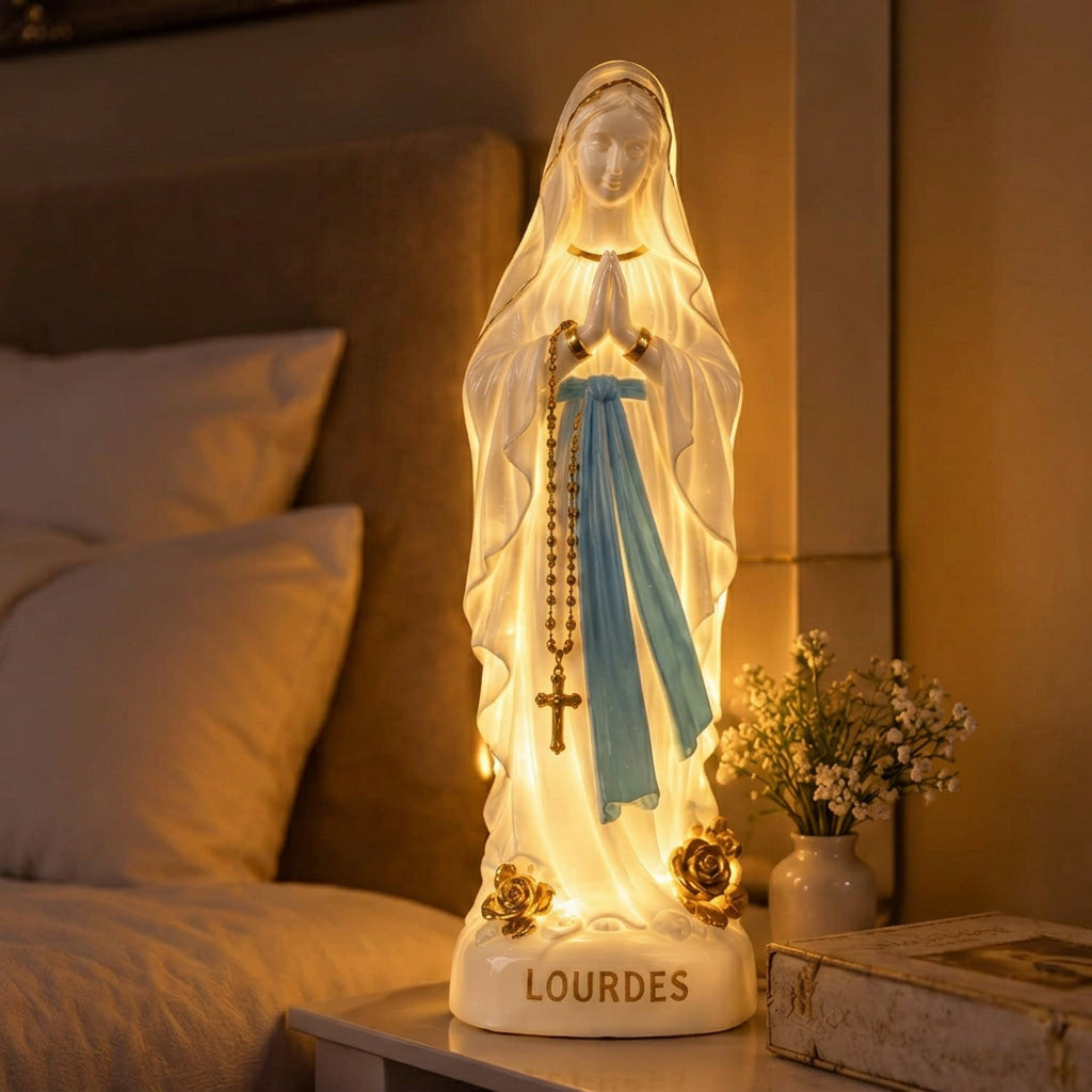 Lumière sacrée – Lampe Vierge Marie Notre-Dame de Lourdes 40 cm, veilleuse de chevet électrique à prise et interrupteur, statue lumineuse blanche et bleu turquoise, fabriquée à Lourdes et bénie