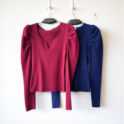 7233 top femme élégant en maille ultra extensible avec manches bouffantes structurées et décolleté cranté raffiné idéal pour une silhouette féminine et moderne en toute circonstance avec un confort absolument total