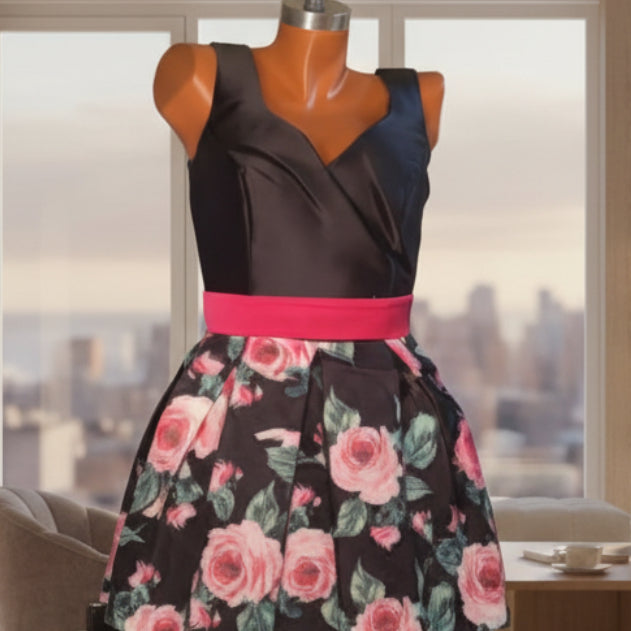 Robe fleurie élégante – robe patineuse noire à roses fuchsia et ceinture