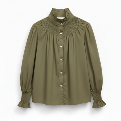 Chemisier romantique 119614 – blouse femme à col montant froncé, manches longues bouffantes et poignets ajustés, boutonnage devant et coupe fluide, style bohème chic pour le quotidien