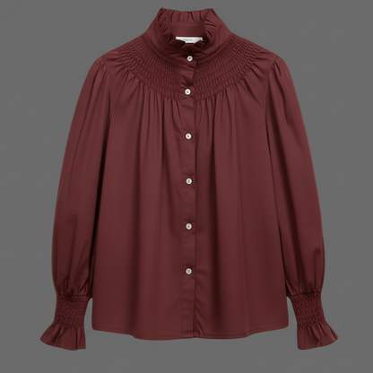 Chemisier romantique 119614 – blouse femme à col montant froncé, manches longues bouffantes et poignets ajustés, boutonnage devant et coupe fluide, style bohème chic pour le quotidien