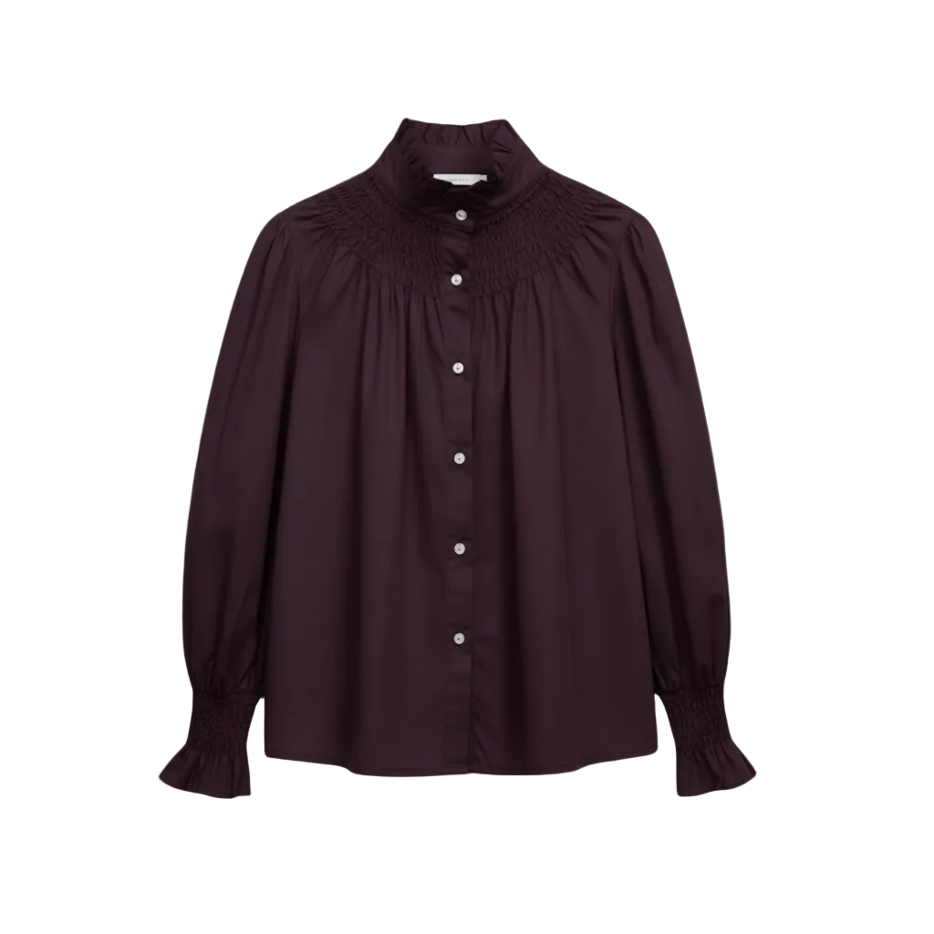 Chemisier romantique 119614 – blouse femme à col montant froncé, manches longues bouffantes et poignets ajustés, boutonnage devant et coupe fluide, style bohème chic pour le quotidien