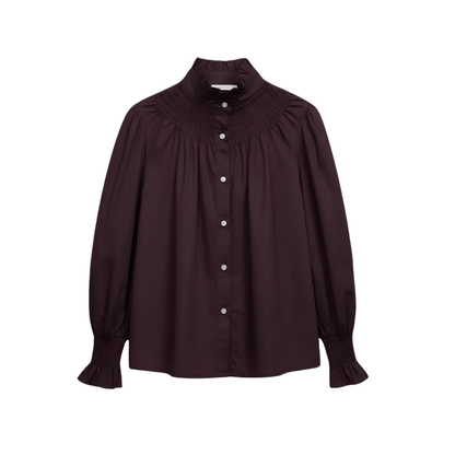 Chemisier romantique 119614 – blouse femme à col montant froncé, manches longues bouffantes et poignets ajustés, boutonnage devant et coupe fluide, style bohème chic pour le quotidien
