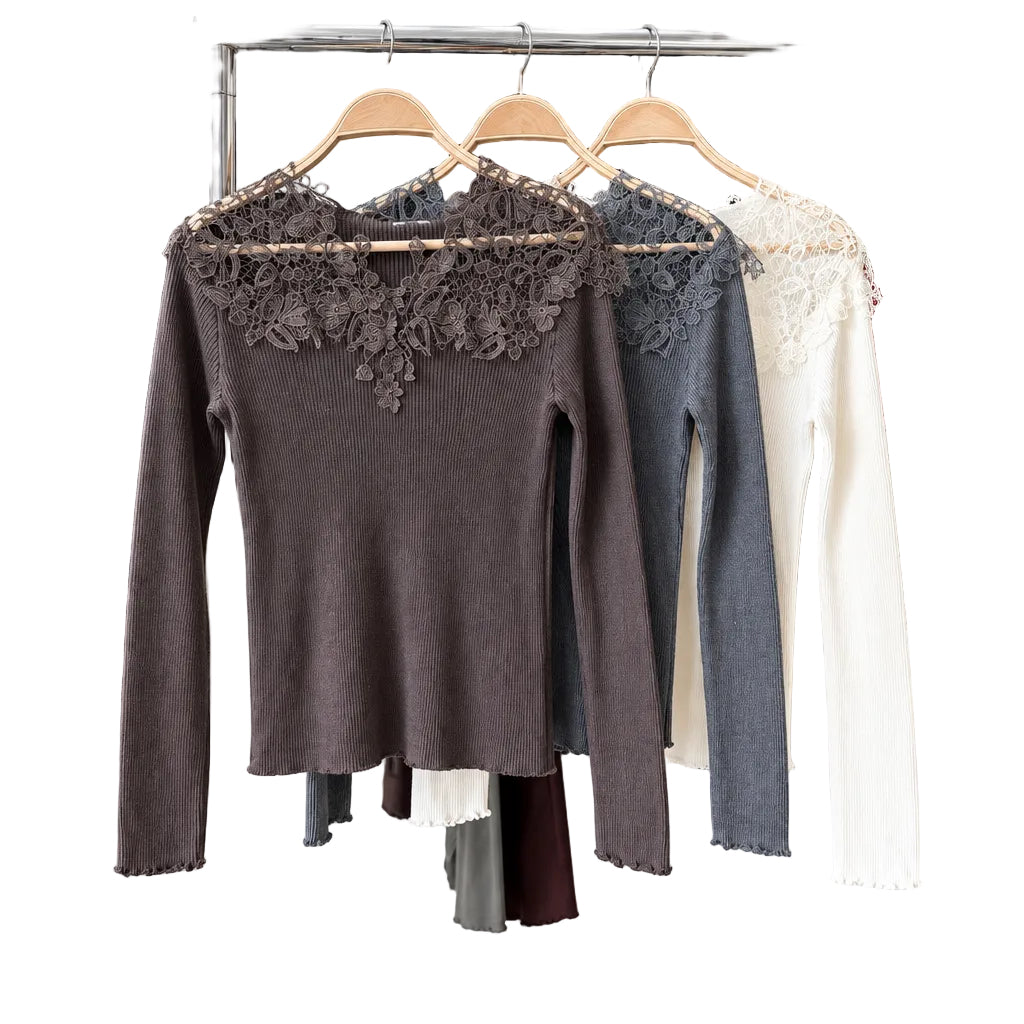 Top dentelle 6815 – haut femme en maille côtelée extensible à manches longues et décolleté en V bordé de dentelle florale, style romantique chic à porter seul ou sous une veste avec un pantalon ou une jupe selon l&