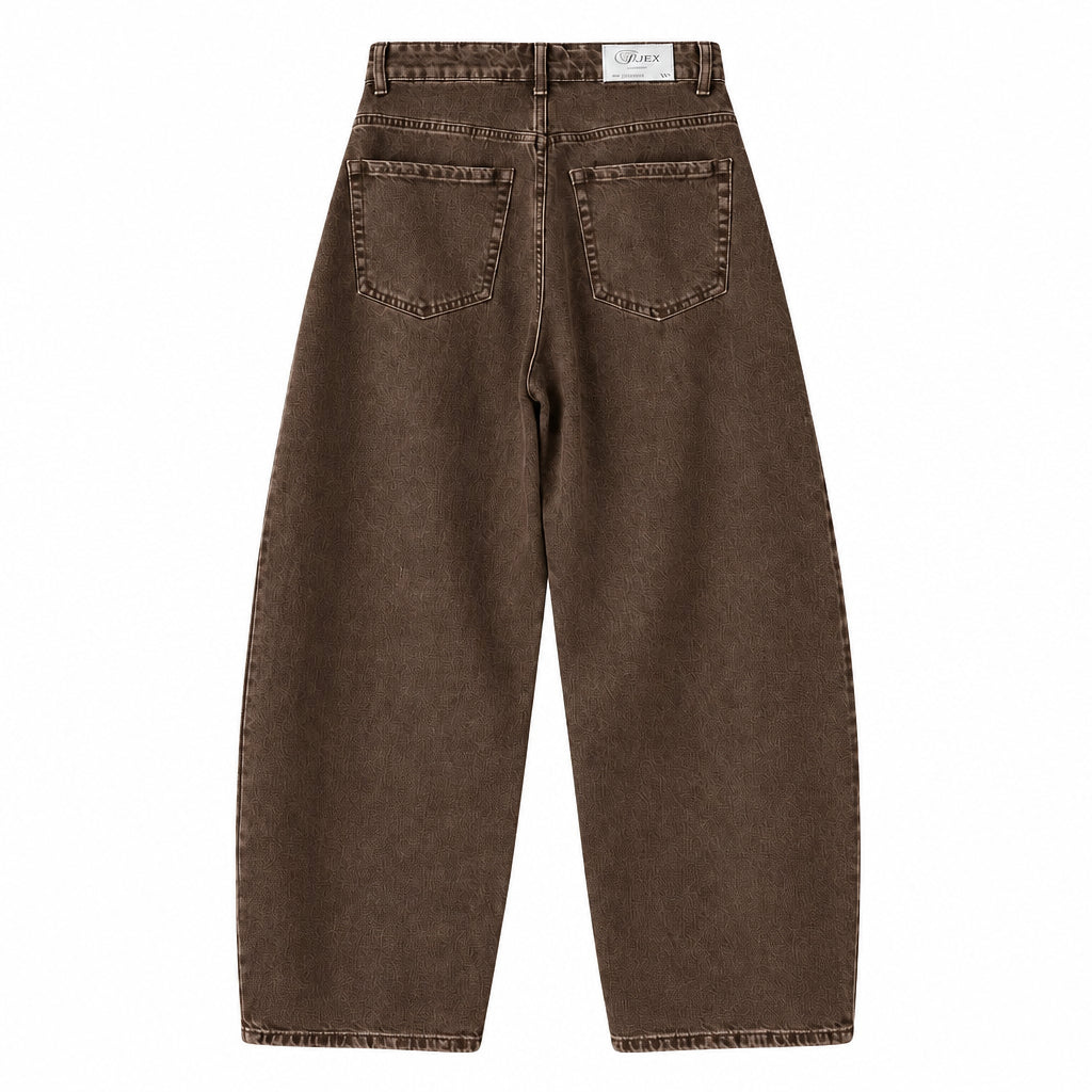 Jean barrel LM845 – jean balloon femme marron délavé à taille haute croisée asymétrique, double bouton et jambes larges arrondies, style streetwear chic tendance