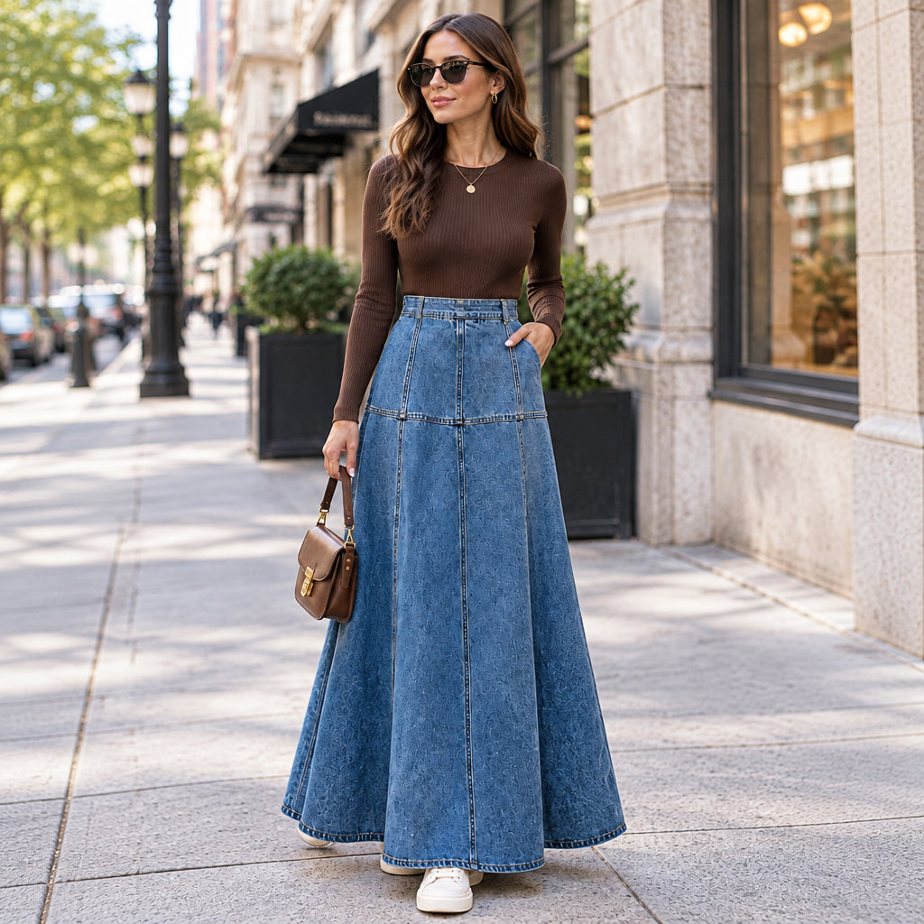 Jupe denim LR2981 – jupe longue femme en jean taille haute, coupe trapèze évasée et surpiqûres verticales, style bohème chic facile à associer avec une chemise
