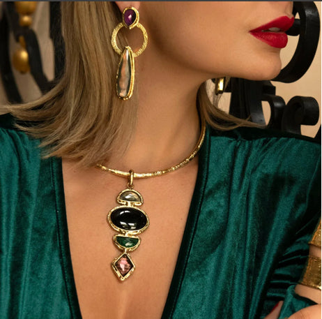 NIIKI 1382 NORAE COLLIER (LABRADOITE ONYX MALACHITE AMÉTHYSTE)