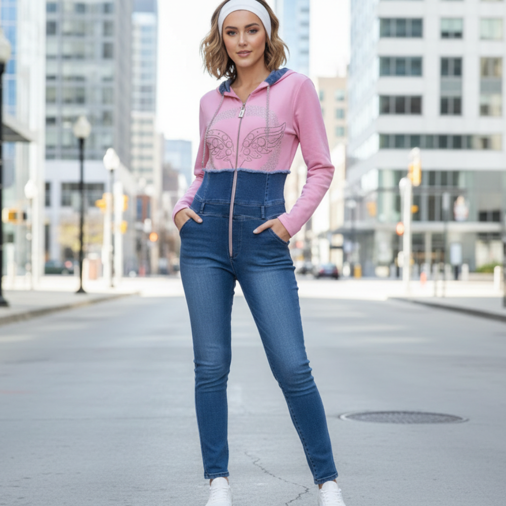 9215 TATU Combinaison en jeans et  pantalon slim qui monte au-dessus de la taille et le reste de la combinaison en sweat . Alors fermeture éclair pour l’enfiler et des strass dorés sur le haut.