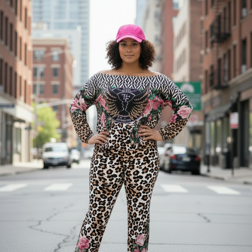 9006 TATU Ensemble femme 2 pièces ultra-tendance composé d’un haut épaules dénudées et d’un pantalon fluide. Mélange d’imprimés léopard, floral et graphique pour un look audacieux, chic et moderne. Idéal sortie, soirée ou look casual stylé.