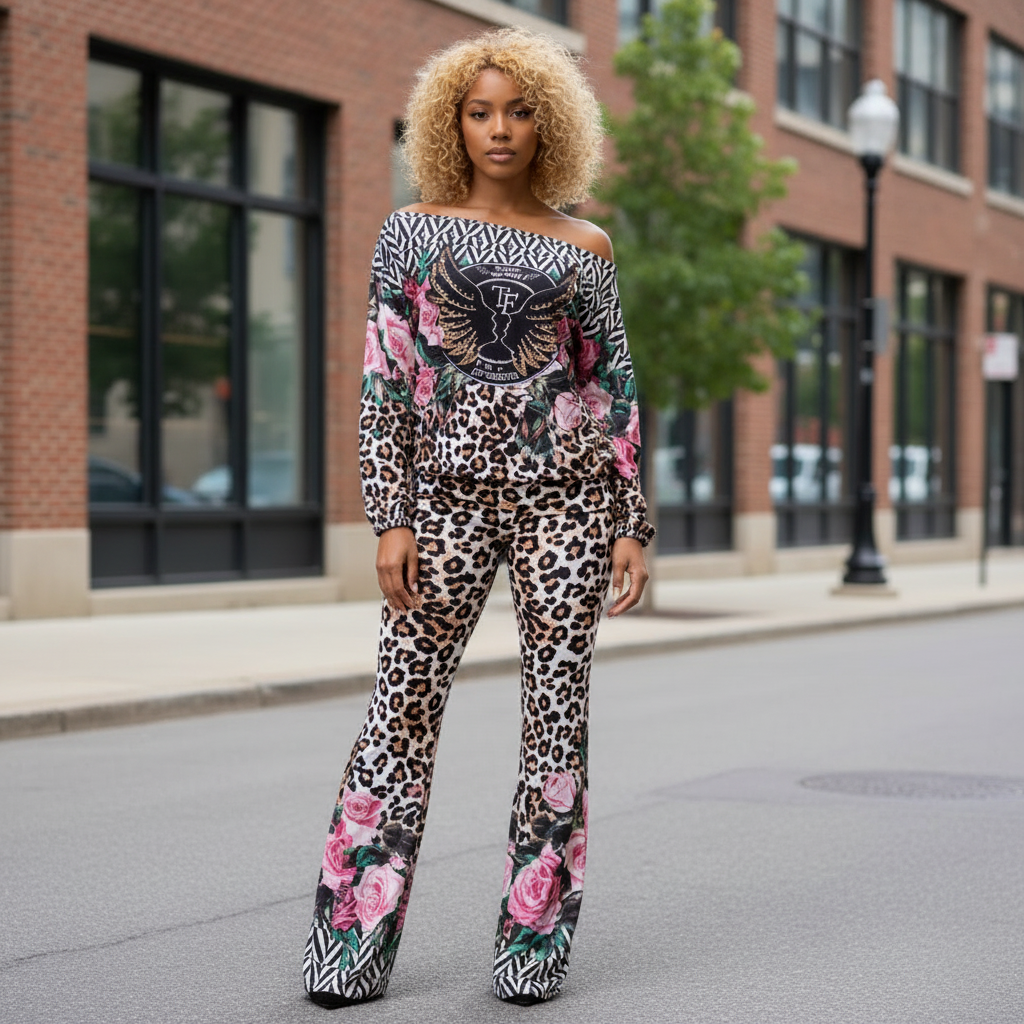 9006 TATU Ensemble femme 2 pièces ultra-tendance composé d’un haut épaules dénudées et d’un pantalon fluide. Mélange d’imprimés léopard, floral et graphique pour un look audacieux, chic et moderne. Idéal sortie, soirée ou look casual stylé.