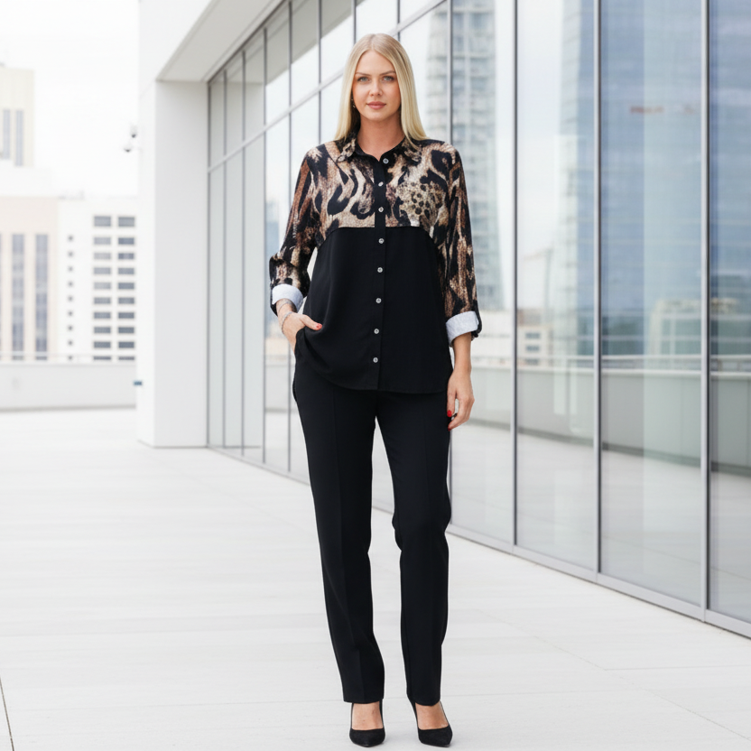 4175 PANTALON CHEMISE FLUIDE LUXE ensemble deux pièces femme chic et moderne comprenant une chemise fluide bicolore à imprimé animalier léopard et tigre sur le haut avec pantalon noir élégant coupe droite idéal pour vos sorties ou le bureau