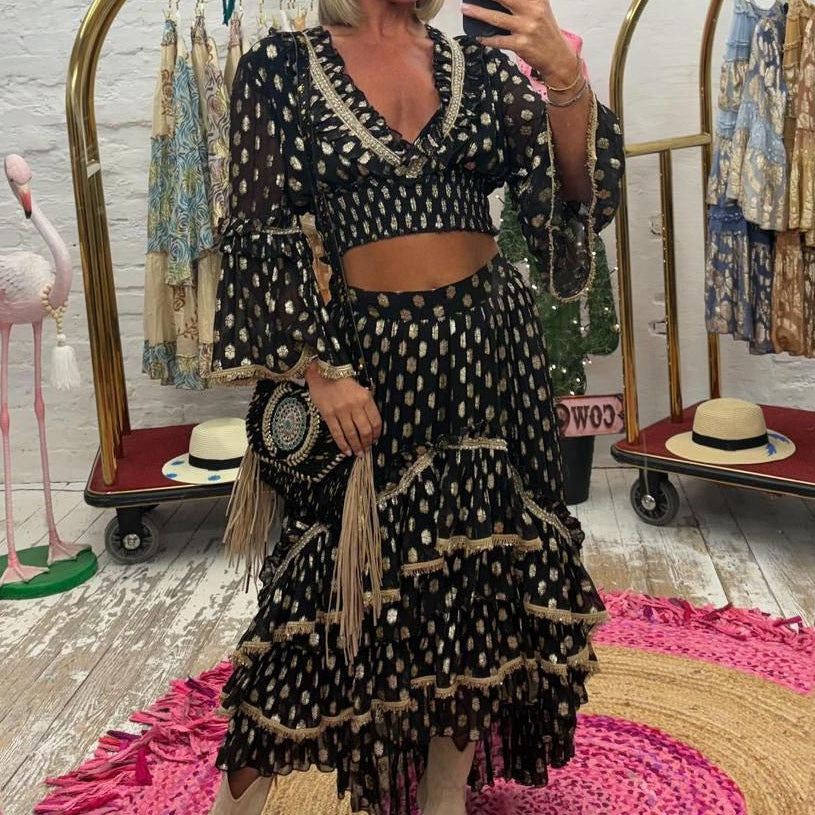 ENSEMBLE 2 pièces PAP70 BOHÈME : TU :  Croc top à froufrous, haut manches longues avec col incrusté de perles– imprimés dorés  ✨