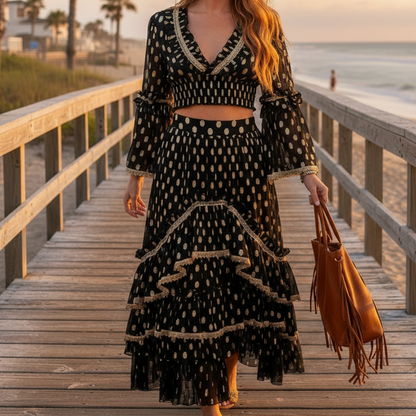 ENSEMBLE 2 pièces PAP70 BOHÈME : TU :  Croc top à froufrous, haut manches longues avec col incrusté de perles– imprimés dorés  ✨