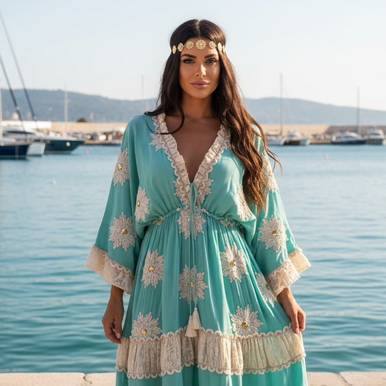 ROBE Longue Bohême : PAP61 MARGUERITE Taille Unique du  38/46  avec broderies fleurs et dentelle ✨ le look folk parfait pour briller. coupe fluide, détails sequins et esprit hippie chic. dispo en noir, beige et turquoise ! 🌸