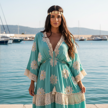 ROBE Longue Bohême : PAP61 MARGUERITE Taille Unique du  38/46  avec broderies fleurs et dentelle ✨ le look folk parfait pour briller. coupe fluide, détails sequins et esprit hippie chic. dispo en noir, beige et turquoise ! 🌸