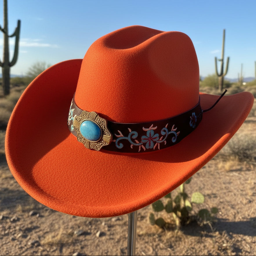 CHAPEAUX de cow-boy style western chic 902 et bohème avec bandeau brodé floral, médaillon central travaillé et finitions premium. l&