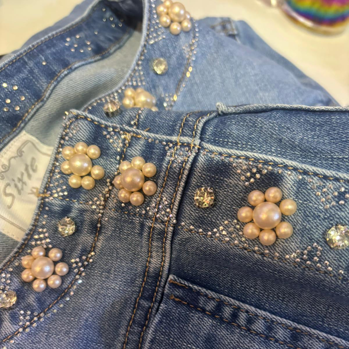VESTE en jeans 1865 stretch orné de perles et strass : l&