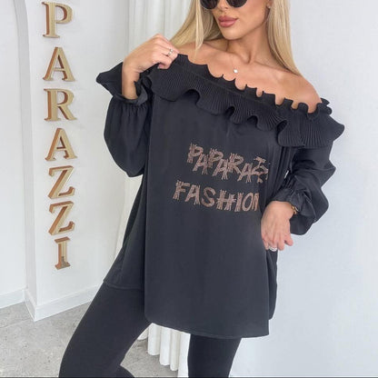 Paparazzi Fashion 1520 Tunique Bardot haut femme rose fuchsia à épaules dénudées, col volanté et plissé, manches longues élastiquées et grand motif texturé scintillant, coupe ample tendance vêtement femme tendance de la collection Papa