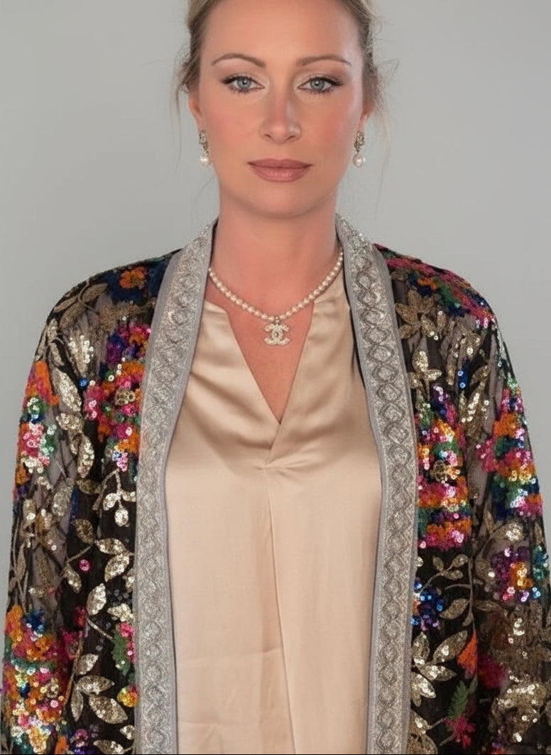 POPUP 5696 VESTE LÉGÈRE SEQUINS SUR FOND DENTELLE