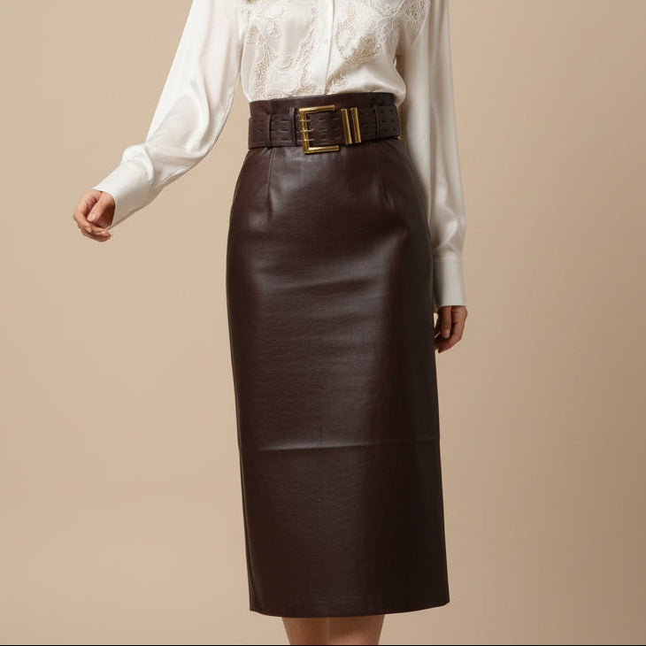 Jupe similicuir 9207 – jupe longue femme marron foncé à coupe droite ajustée avec ceinture assortie et boucle dorée, silhouette élégante pour le bureau et les sorties
