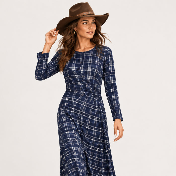 Robe tartan 11154 – robe femme à carreaux écossais bleu marine beige et rouge, manches longues, taille cintrée et jupe légèrement évasée, style élégant pour l&
