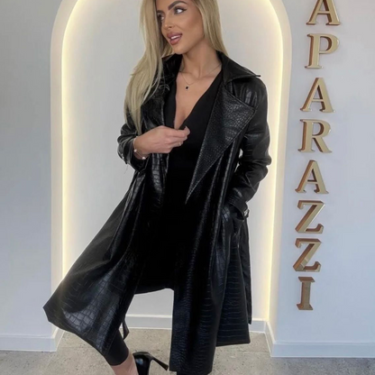PAPARAZZI 333 VESTE longue simili cuir texture crocodile noir – style Sophistiquée avec col revers &amp; taille ajustable – coupe ceinturée élégante &amp; chic urbain