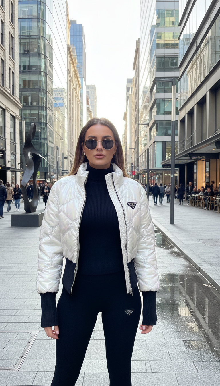 9130 TATU Ensemble combinaison doudoune la blanche légèrement crème a de jolie reflets nacrés 2 pieces luxe comportant des plaques avec le logo de la marque