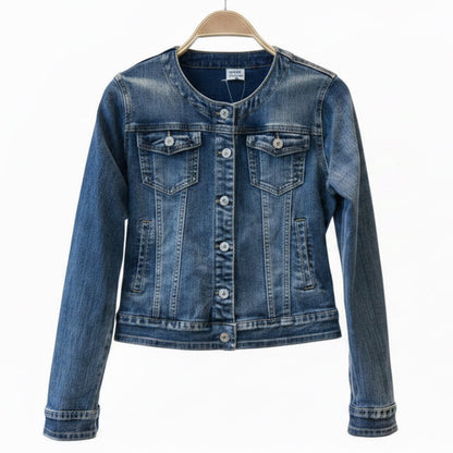 VESTE JEANS :2861 denim premium bleu délavé ,blouson cintré col rond chic sans revers,veste en coton souple &amp; résistant avec poches poitrine,look casual tendance printemps-été enfant
