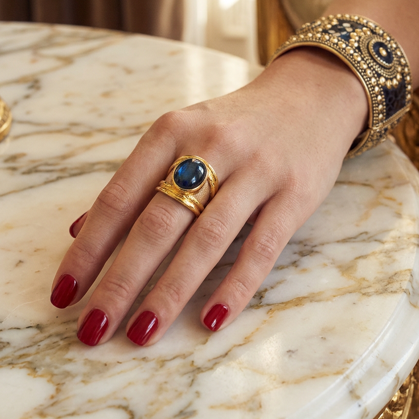 NIIKI PARIS 457 Bague Luna dorée à finition texturée avec pierre de labradorite aux reflets changeants bijou féminin original au style élégant et contemporain à porter seul ou avec des accessoires discrets pour le quotidien et les soirées