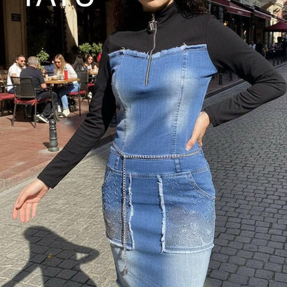 TATU 9170 ROBE Manches longues bi - matière avec poches et zip élégant et confortable