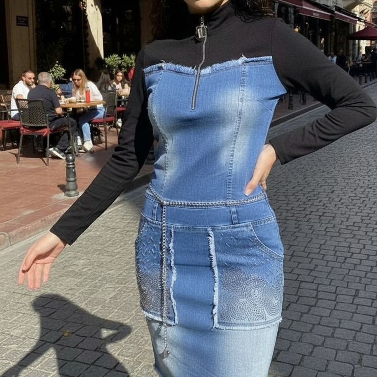 TATU 9170 ROBE Manches longues bi - matière avec poches et zip élégant et confortable