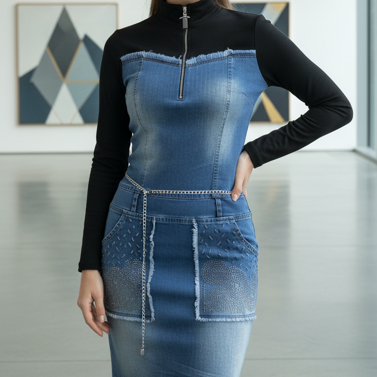 TATU 9170 ROBE Manches longues bi - matière avec poches et zip élégant et confortable