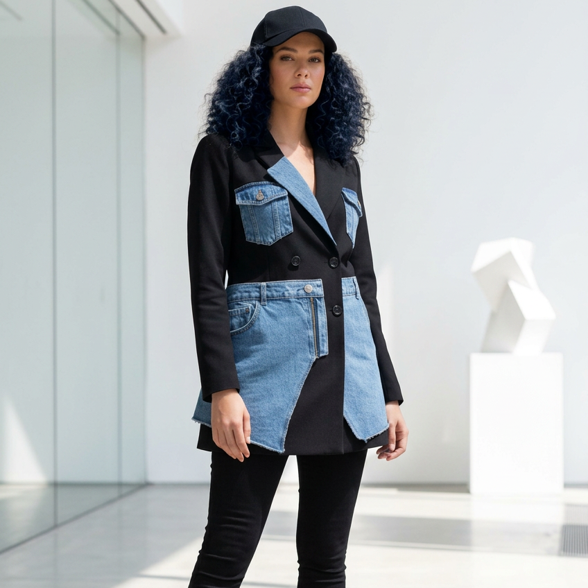 TATU 8290 – blazer femme noir bi -matière à détails denim et coupe asymétrique, pièce originale au style urbain chic à associer à un jean ou un pantalon habillé pour vos sorties en journée.