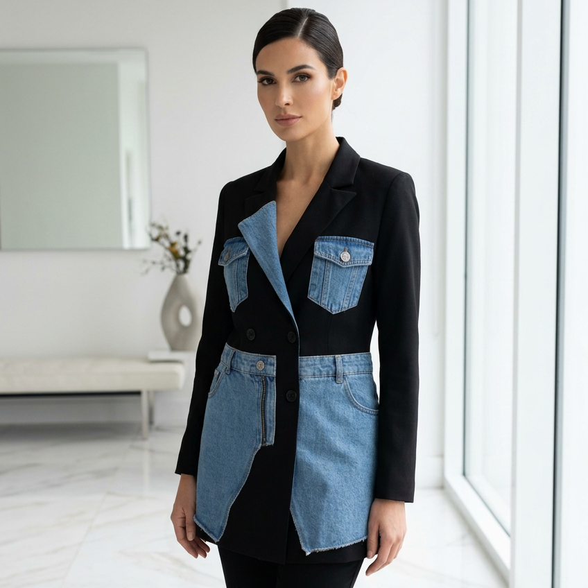 TATU 8290 – blazer femme noir bi -matière à détails denim et coupe asymétrique, pièce originale au style urbain chic à associer à un jean ou un pantalon habillé pour vos sorties en journée.