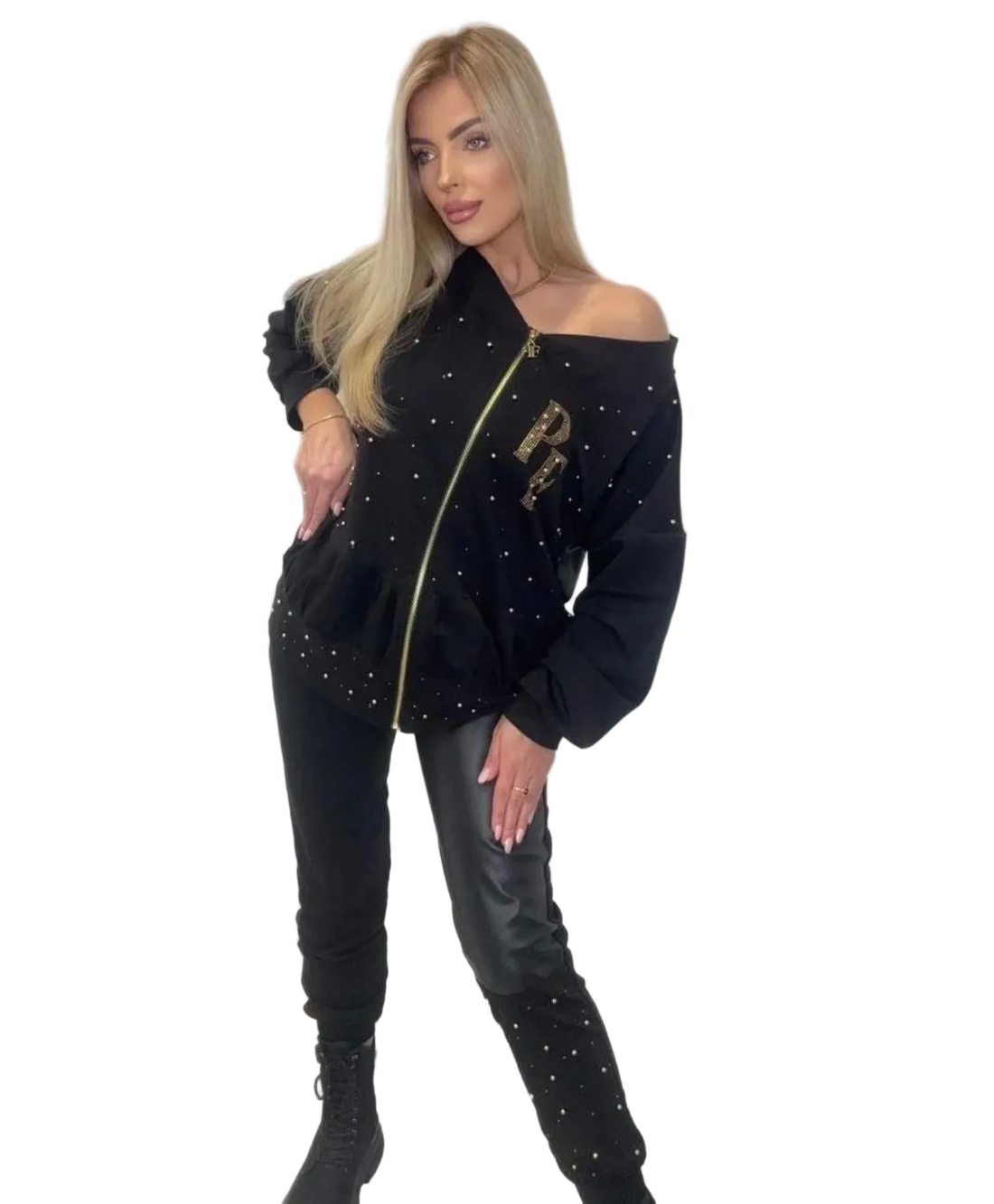 0048 PAPARAZZI Ensemble jogging veste pantalon en bi-matière veste avec fermeture éclair, très évasée sur les épaules, pantalon resserré en bas Sweat et similicuir avec strass et perles
