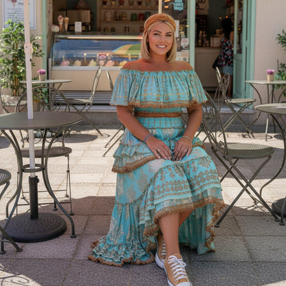 PAP23 ENSEMBLE BOHÈME ASYMÉTRIQUE 🌟 ensemble bohème chic à volants dorés | look festival &amp; beach party | top bandeau jupe bohème | dispo en rose, vert et turquoise