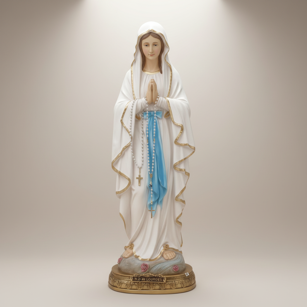 statue notre-dame de lourdes 120 cm sur socle bénie et passée sous la grotte visage paisible voile blanc dore robe blanche ceinture bleue grand chapelet dore oratoire collection priere tres belle taille