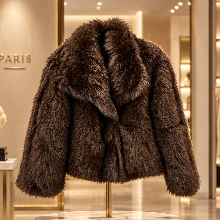 Veste fourrure CA8770 – veste courte femme en fausse fourrure marron avec grand col cranté et coupe ample, style glamour chic pour l&